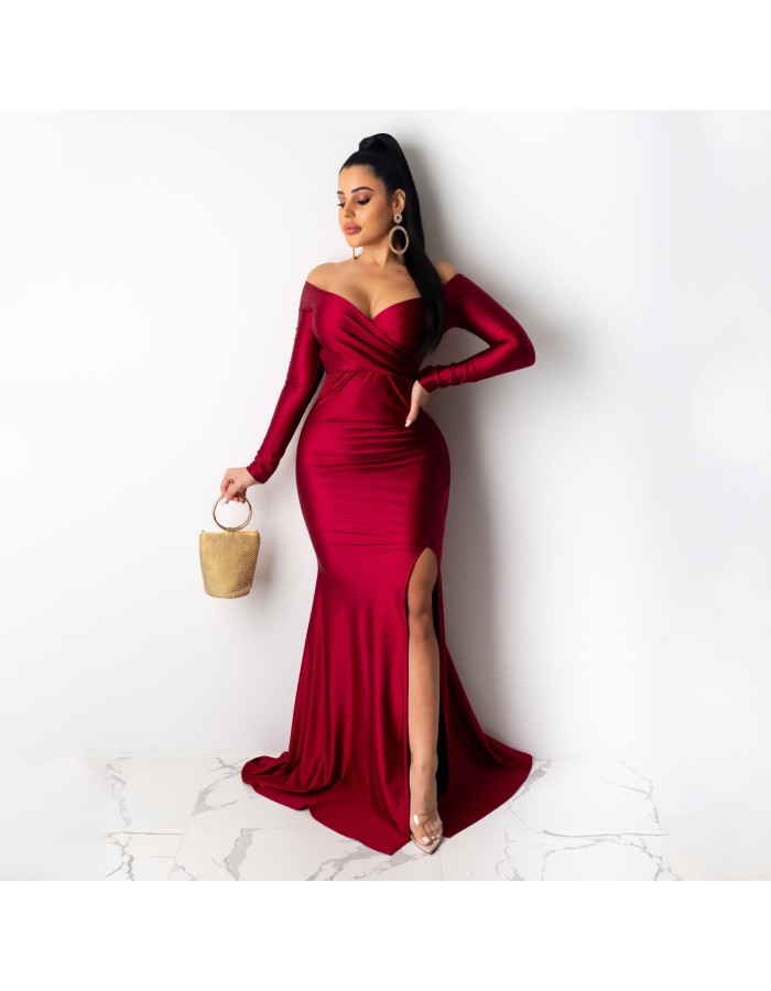Women High Cut Evening Dress Off-shoulder Sexy Bodycon Dress M19002