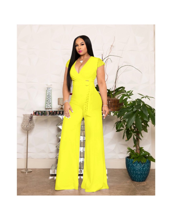Deep V Neck Casual Solid Wide Leg Jumpsuit m8429