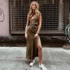 Sexy Split Satin Spaghetti Strap V Neck Long Dress M8391