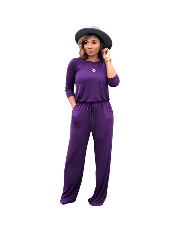 Women fashion soild color long sleeve loose causal jumpsuit m8303