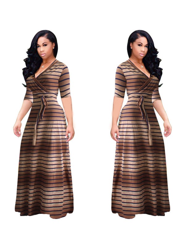 Summer Stripe Printed Swing Maxi Dress Plus Size M8433