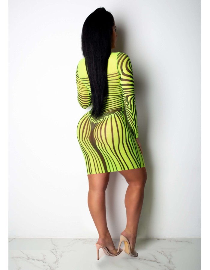 Long Sleeve Striped Mesh Sexy Bodycon Dresses M8366