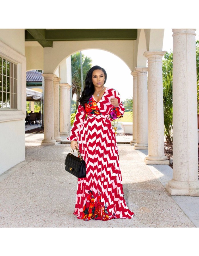New Summer Printed Chiffon V-neck Maxi Dress M8380
