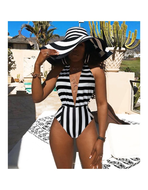 women halter deep V neck white black stripe one piece swimwear M8364