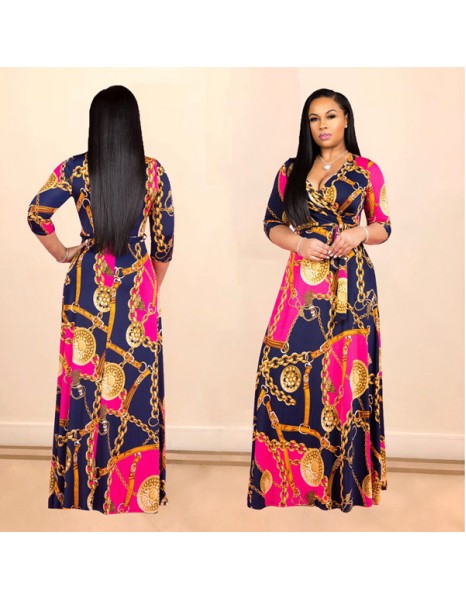 Women V-Neck Half Sleeves Chain Print Maxi Dress M8349