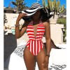 women halter deep V neck white black stripe one piece swimwear M8364