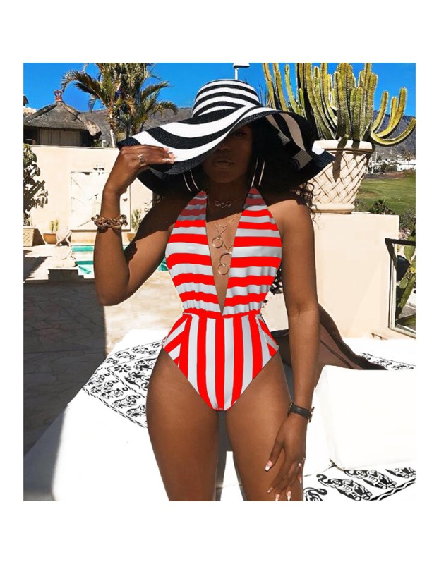 women halter deep V neck white black stripe one piece swimwear M8364
