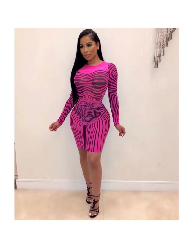 Long Sleeve Striped Mesh Sexy Bodycon Dresses M8366