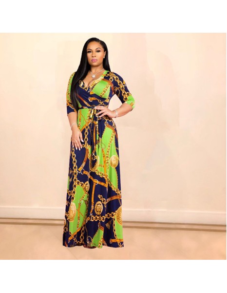 Women V-Neck Half Sleeves Chain Print Maxi Dress M8349