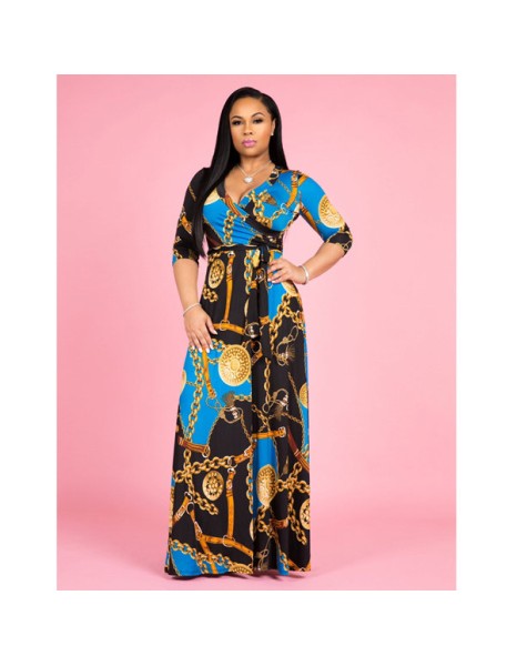Women V-Neck Half Sleeves Chain Print Maxi Dress M8349
