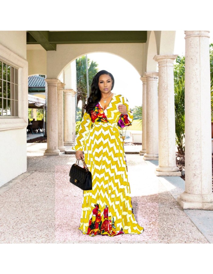 New Summer Printed Chiffon V-neck Maxi Dress M8380