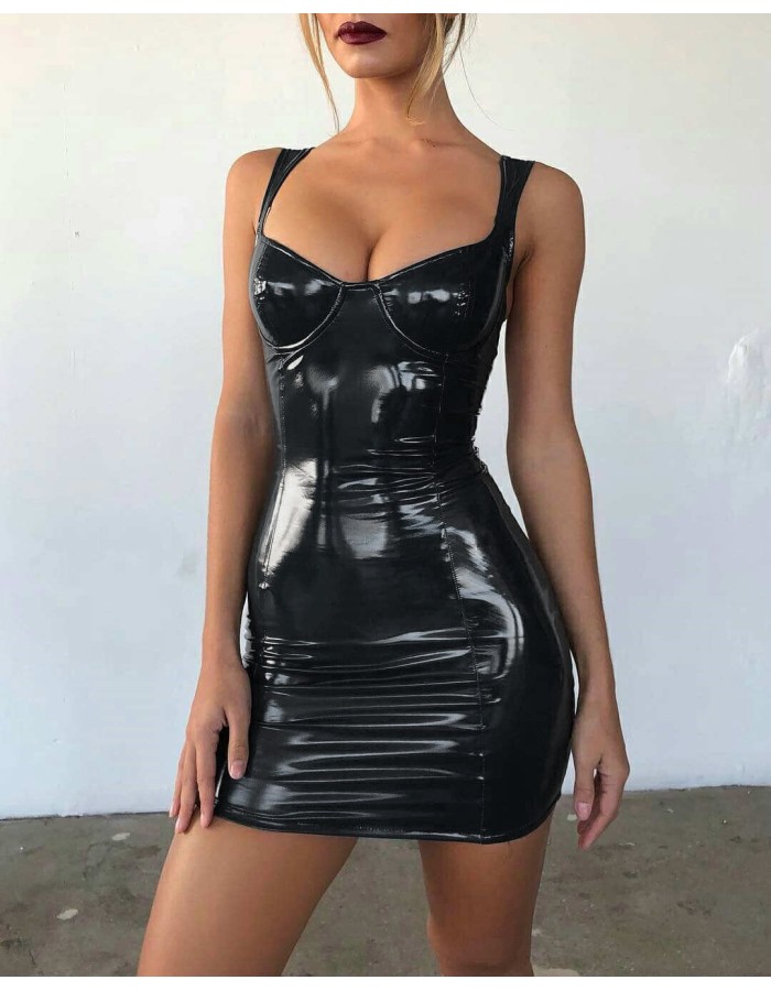 Sexy Faux Leather Pencil Mini Bodycon Dress m7315