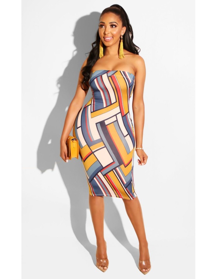 Sexy Off Shoulder Geometric Print Bodycon Dress m8367