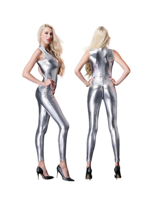 Women Sexy Sleeveless Open Crotch Faux Leather Latex Jumpsuit XX6760