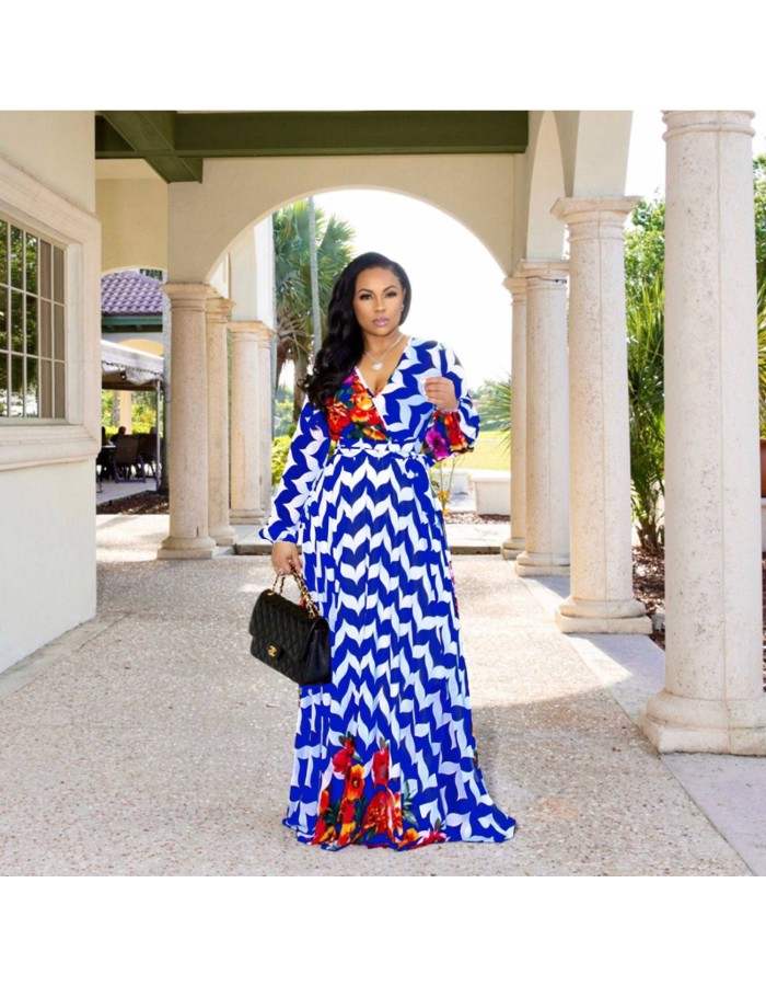 New Summer Printed Chiffon V-neck Maxi Dress M8380