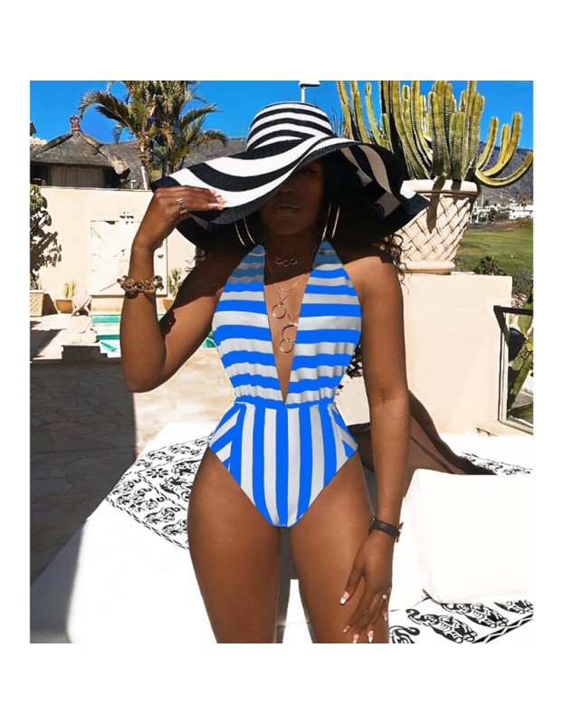 women halter deep V neck white black stripe one piece swimwear M8364