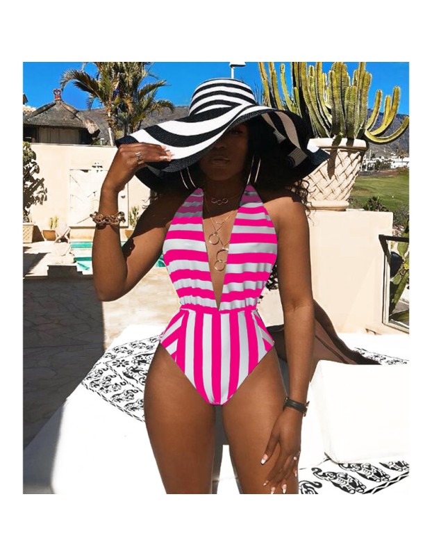women halter deep V neck white black stripe one piece swimwear M8364