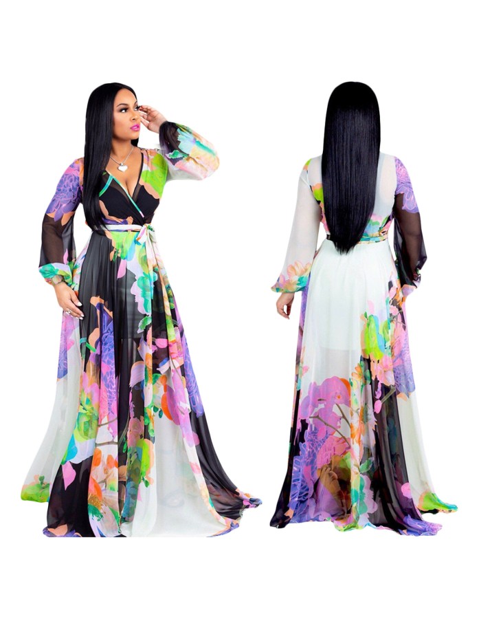 New Summer Printed Chiffon V-neck Maxi Dress M8380