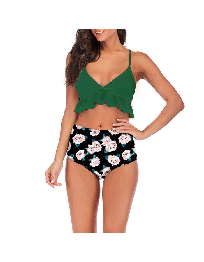 High Waist Sexy Floral Print Ruffles Bikini Set CC73