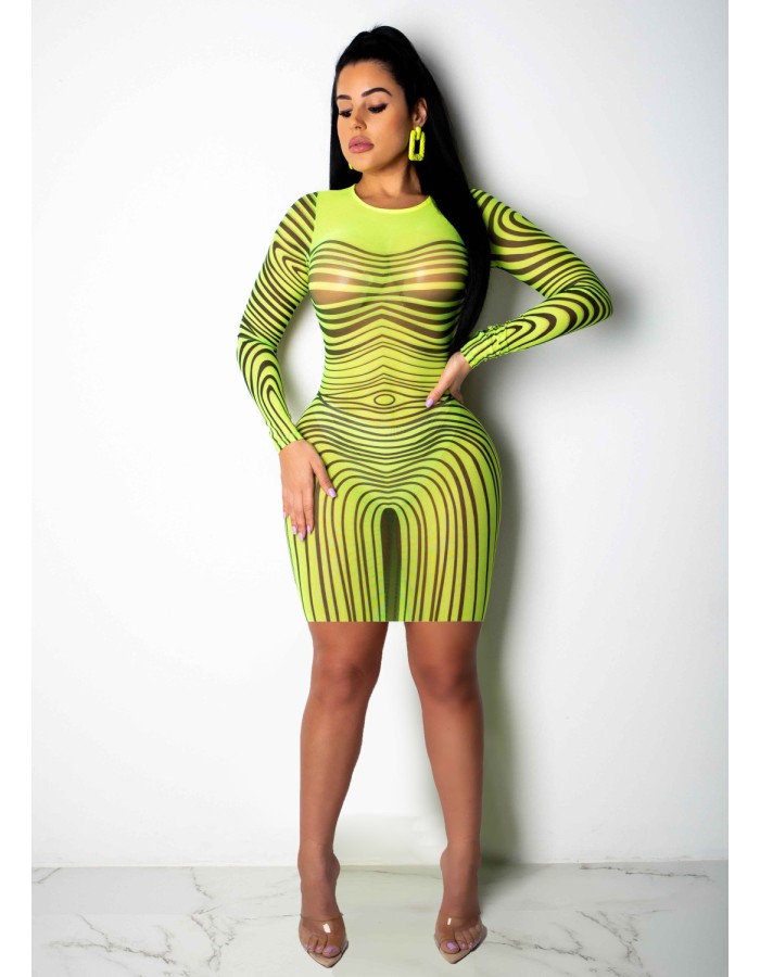 Long Sleeve Striped Mesh Sexy Bodycon Dresses M8366