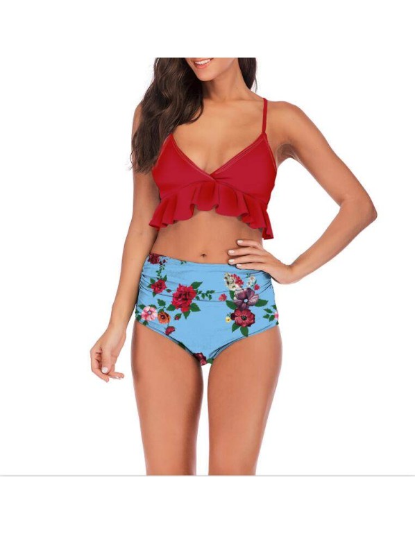 High Waist Sexy Floral Print Ruffles Bikini Set CC73