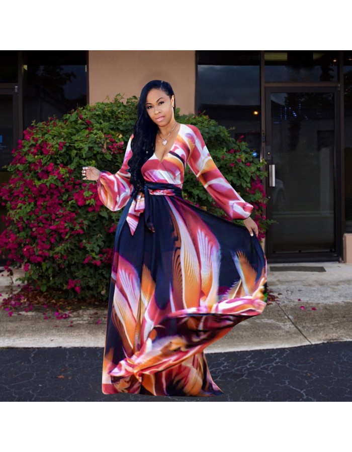 New Summer Printed Chiffon V-neck Maxi Dress M8380