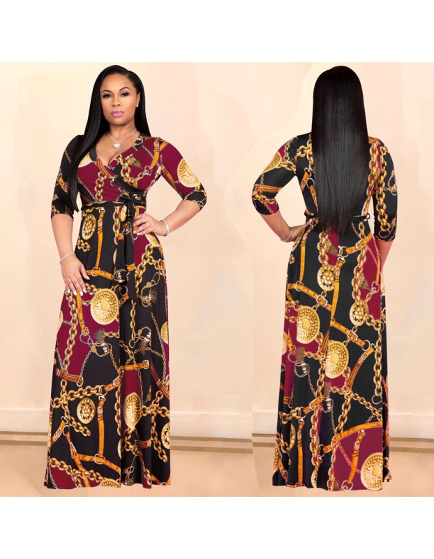 Women V-Neck Half Sleeves Chain Print Maxi Dress M8349
