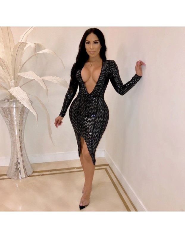 Deep V Neck Sexy Sequin Dress m8315