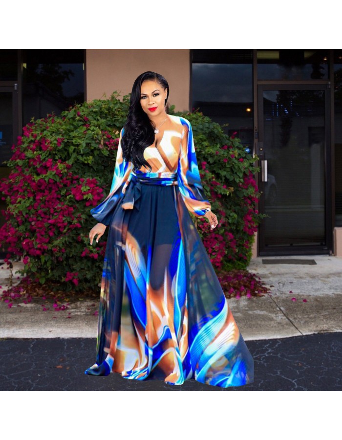 Women Maxi print dress long high quality Summer Beach Chiffon Party Dress M8214