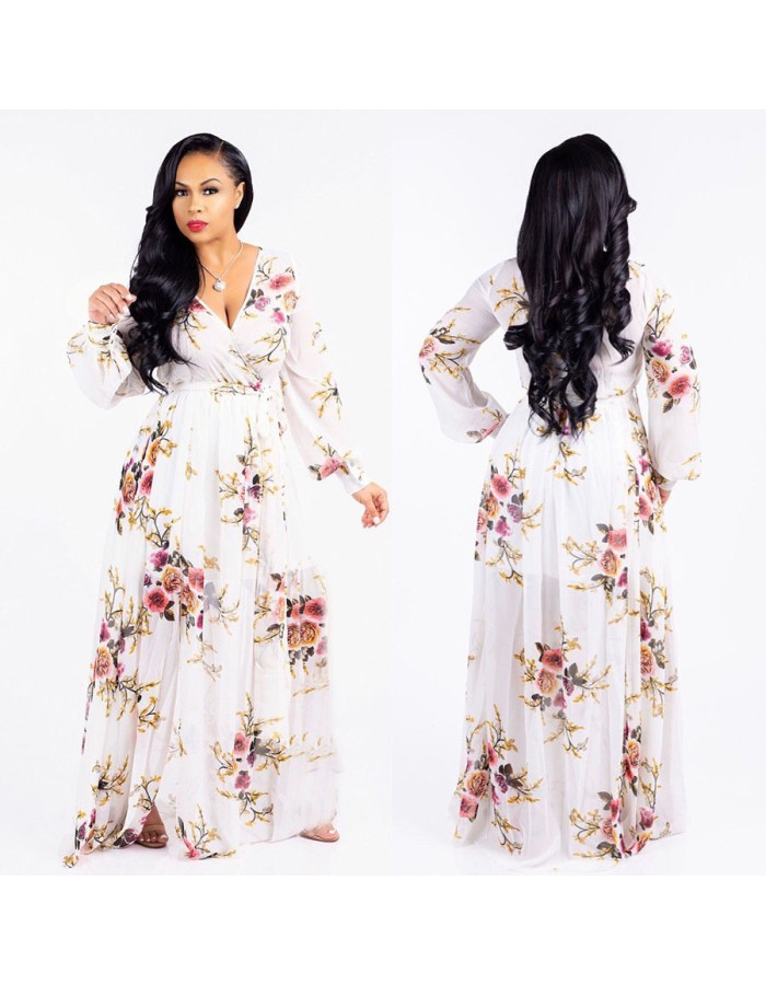 Women Maxi print dress long high quality Summer Beach Chiffon Party Dress M8214