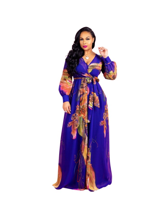 Women Maxi print dress long high quality Summer Beach Chiffon Party Dress M8214