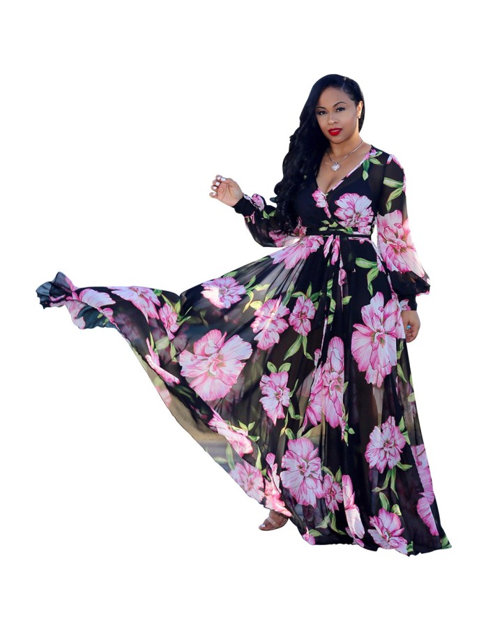 Women Maxi print dress long high quality Summer Beach Chiffon Party Dress M8214