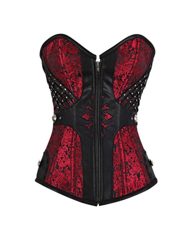 12 Steel Boned Black Red Steampunk Corset Zip Patchwork M1412