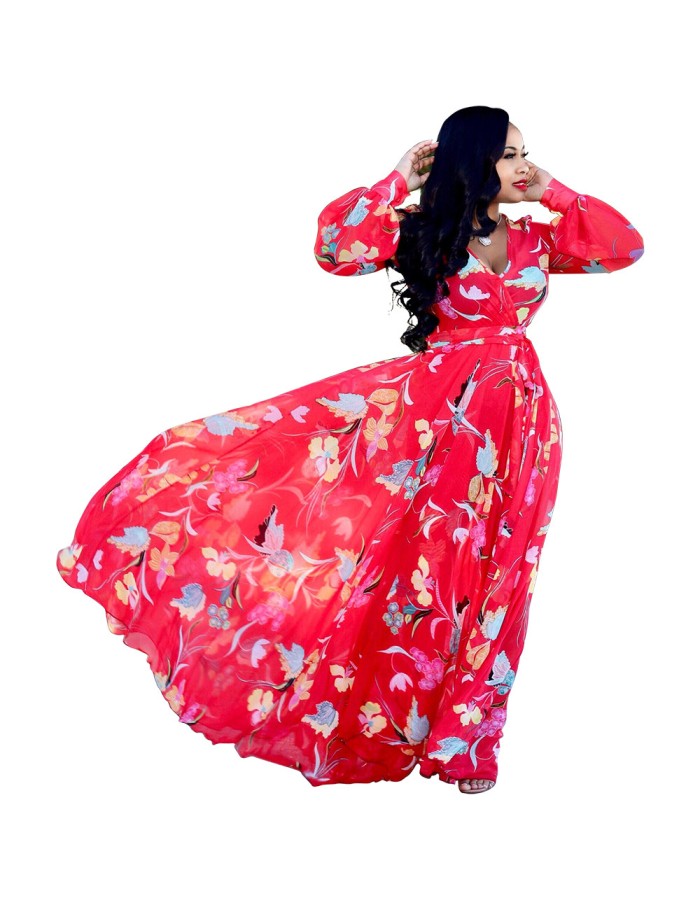 Women Maxi print dress long high quality Summer Beach Chiffon Party Dress M8214