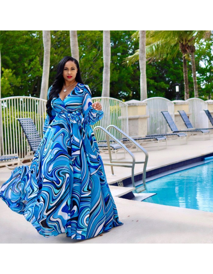 Women Maxi print dress long high quality Summer Beach Chiffon Party Dress M8214