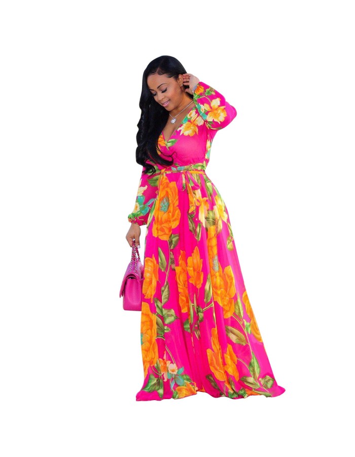 Women Maxi print dress long high quality Summer Beach Chiffon Party Dress M8214