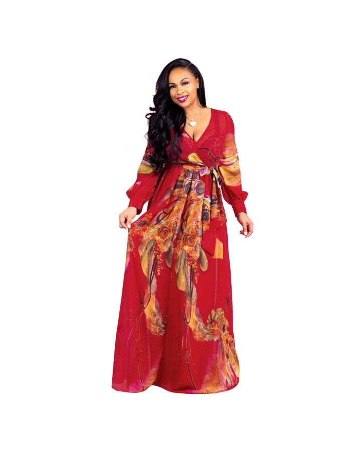Women Maxi print dress long high quality Summer Beach Chiffon Party Dress M8214