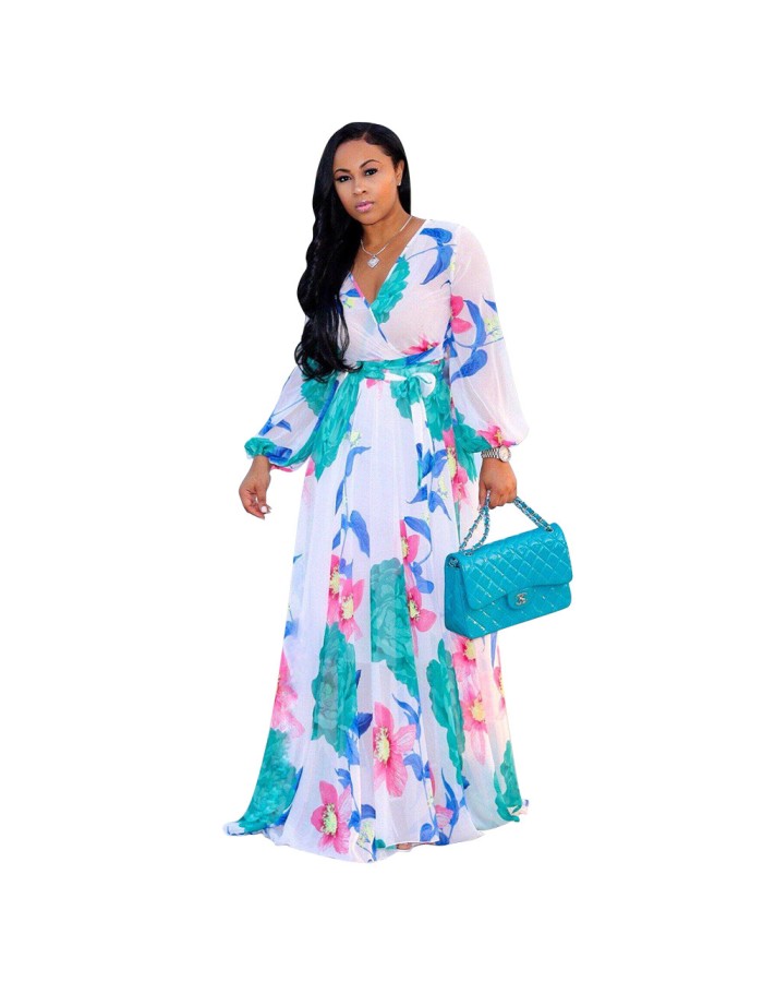 Women Maxi print dress long high quality Summer Beach Chiffon Party Dress M8214