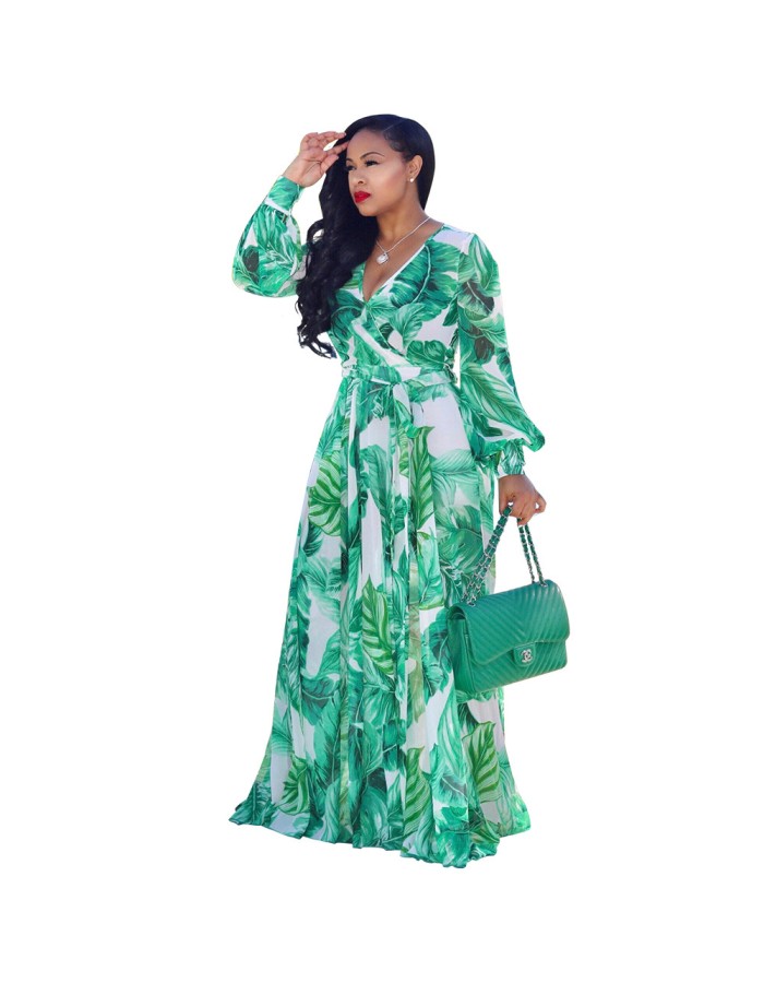 Women Maxi print dress long high quality Summer Beach Chiffon Party Dress M8214