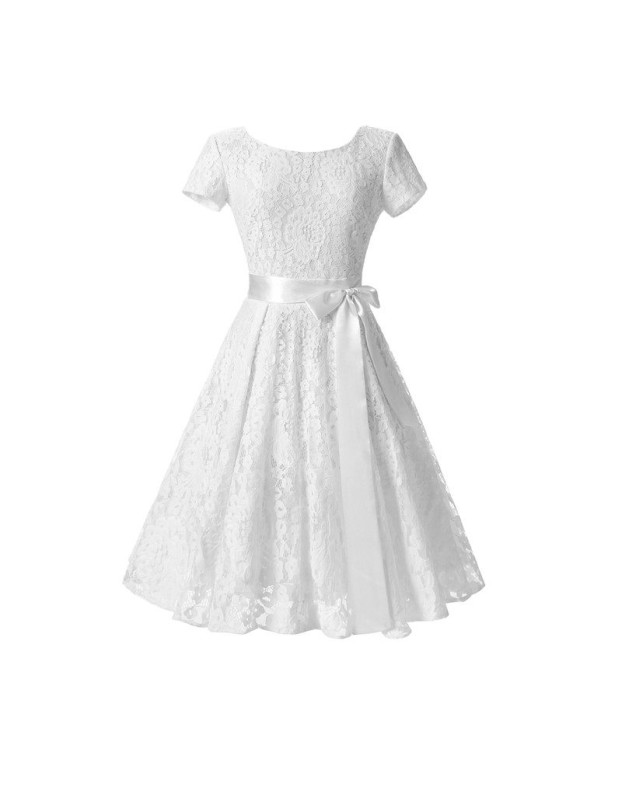 Summer Retro Design Rond Neck Lace Ladies Dress with Satin Belt M17874