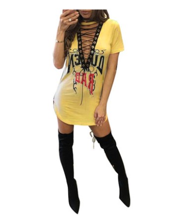 Sexy Women Deep V Collar Short Sleeve Skirt Nightclub T-shirt skirt m88077
