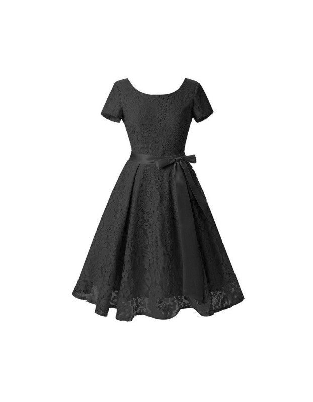 Summer Retro Design Rond Neck Lace Ladies Dress with Satin Belt M17874