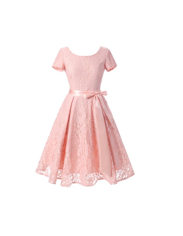 Summer Retro Design Rond Neck Lace Ladies Dress with Satin Belt M17874