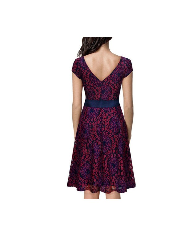 Summer Retro Design Rond Neck Lace Ladies Dress with Satin Belt M17874