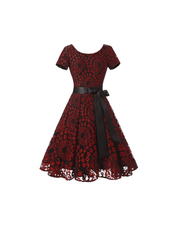 Summer Retro Design Rond Neck Lace Ladies Dress with Satin Belt M17874