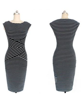 Adult Women Midi Stripe Pattern OL Tight Dress M30207