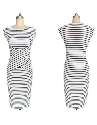 Adult Women Midi Stripe Pattern OL Tight Dress M30207