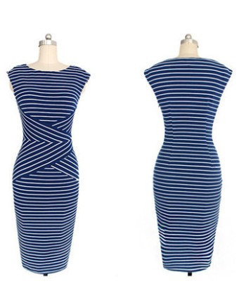 Adult Women Midi Stripe Pattern OL Tight Dress M30207