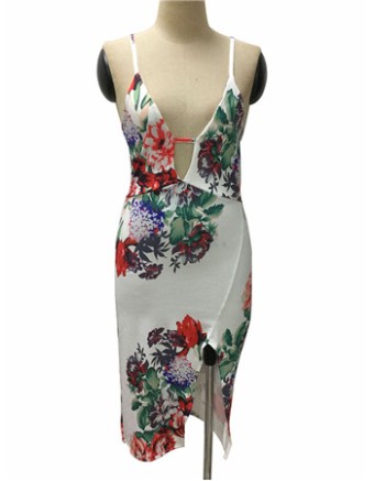 Sexy Lady Summer Deep V Neck Halter Floral Print Strap Dress