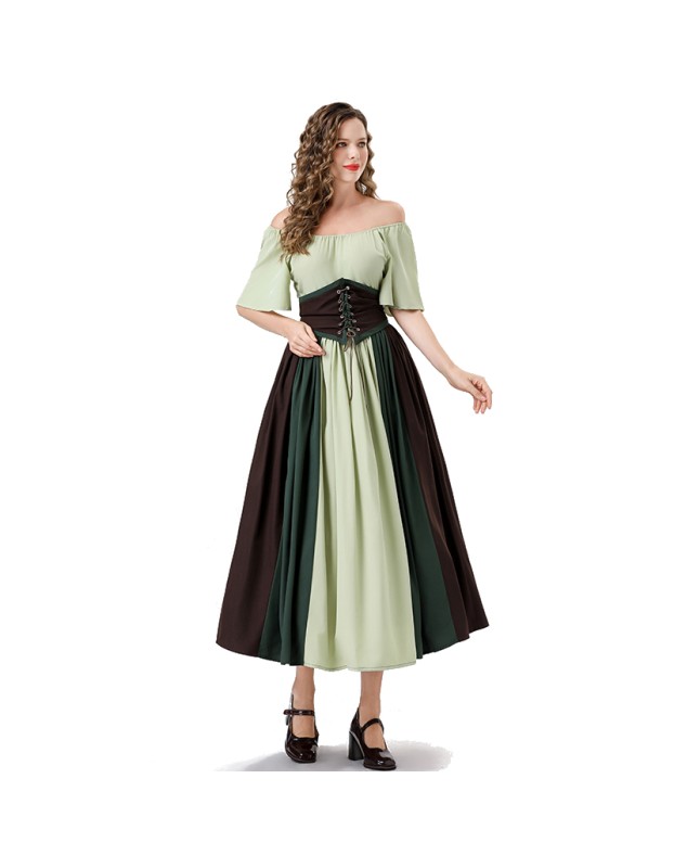 Vintage Dress Color Contrast Patchwork One-line Shoulder Gown Skirt Pompadour Dress YM0819